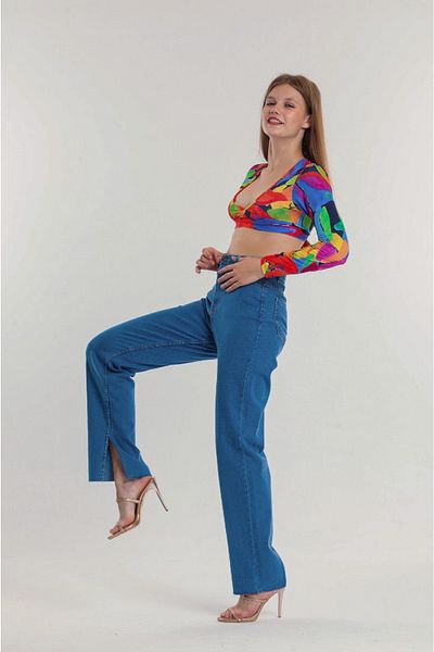 SHEVEGA Blugi albastru cu talie înaltă Lycra cu picior lat cu picior lat Blugi de damă cu fantă interioară