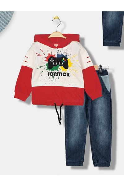 Novy Baby Boy's 2-Piece Set with Hooded Joystic Applique Embroidered Jeans - Age 3-5 - Red
