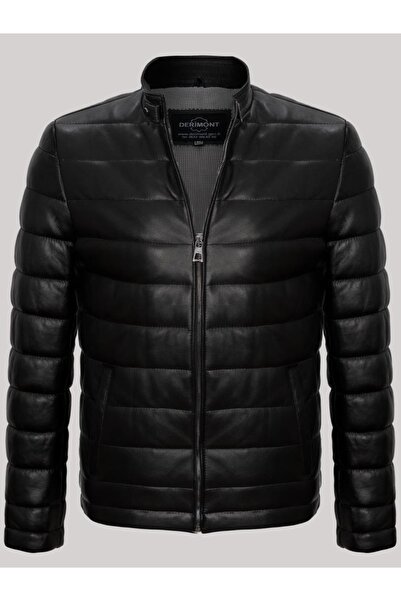 Derimont's Hakiki Kuzu Derisi Siyah Erkek Deri Mont Dik Yaka Şişme Deri Ceket
