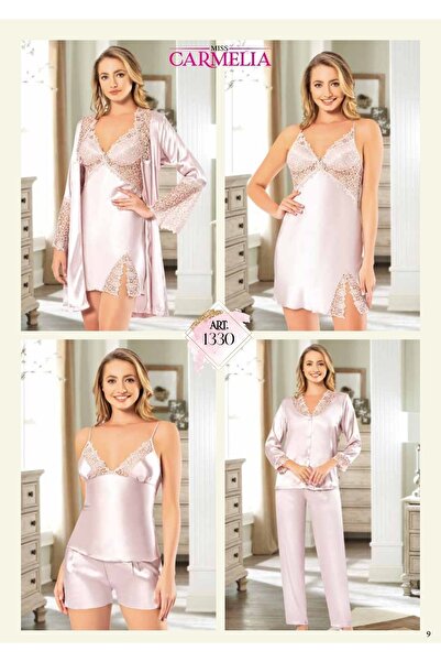 miss carmelia Carmella 1330 6'lı Ipek Saten Gecelik Sabahlık Pijama Şort Takım (PUDRA)-m,