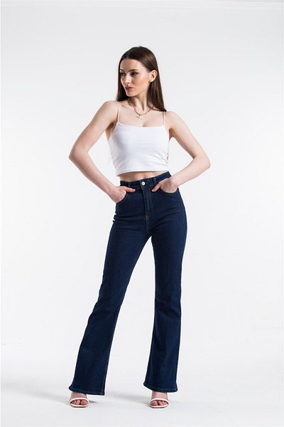LİMABEL Cold Spaniol Lycra Colorfast Albastru Inchis Spaniol Pantaloni Spanioli Denim Jean cu talie inalta