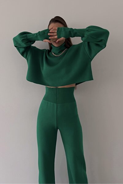 barış sülün lovebox Finger-Cut zöld kötöttáru Crop és magas derekú kötöttáru nadrág szett 015