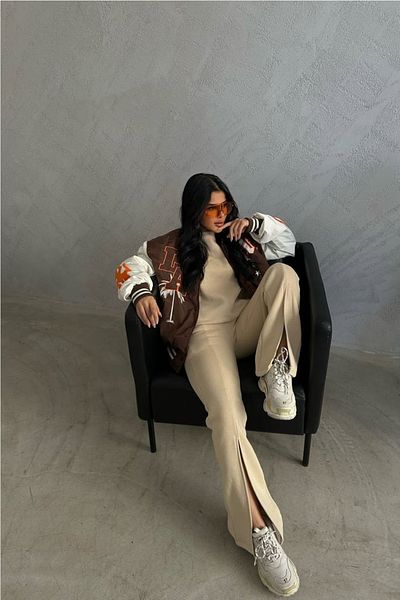 lovebox Women's Oversize Sweat Pant Slit Tracksuit Jogging Beige Double Suit 1270