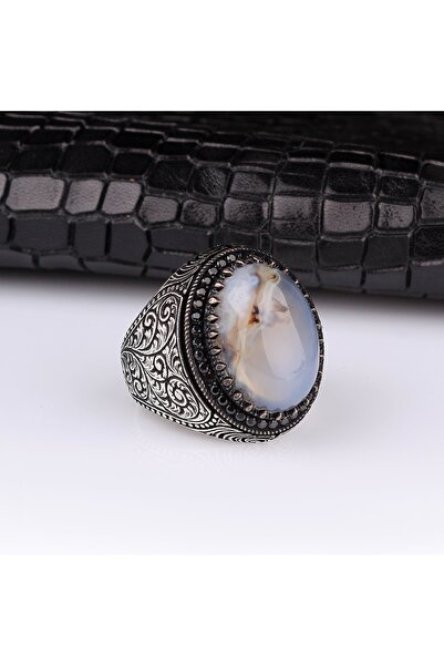 Tesbihsepetim 925 Ayar Gümüş Yemen Akik Taşlı Kalem Motifli Yüzük