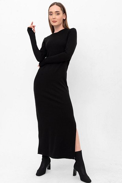 Laranor Black Crew Neck Sleeve Toe Detailed Slit Knitwear Dress