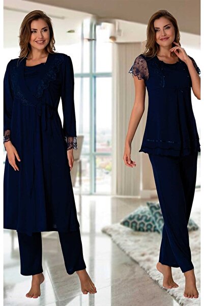 Effortt 2054 Women's Navy Blue Maternity Pajama Set with Dressing Gown