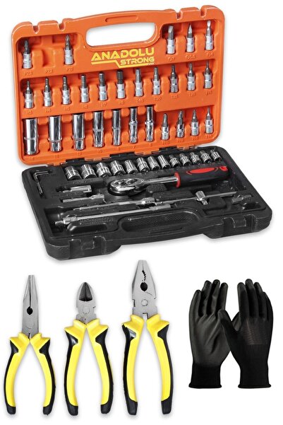 Anadolu Strong 1/4 Cırcırlı 53 Parça Lokma Anahtar Takımı Bits Uç Seti Yan Keski+pense+kargaburnu 180mm Tam Set El