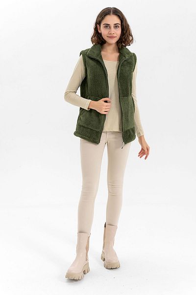 EtkiModa Women's Khaki Stand-up Collar Zippered Plush Vest