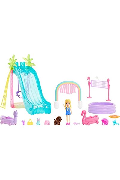 Polly Pocket Eğlenceli Su Parkı Oyun Seti, Polly Bebek (7 Cm), Kaydırak Dahil 15 Aksesuar, Havuz, V