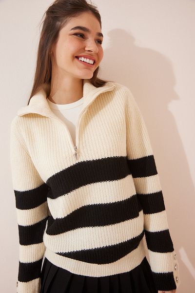 Happiness İstanbul Damen-Strickpullover mit Rollkragen und Streifen, Knochenschwarz, Reißverschluss, LX00042