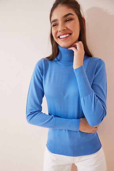 Happiness İstanbul Women's Light Blue Turtleneck Light Balloon Sleeve Knitwear Sweater DD01126