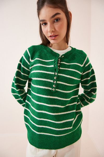 Happiness İstanbul Woman's Green Buttoned Lapel Knit Sweater LX00040