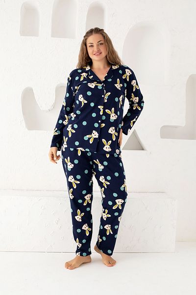 Siyah İnci Navy Blue Cotton Buttoned Plus Size Oversize Pajama Set