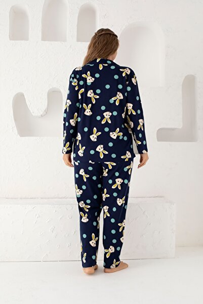 Siyah İnci Navy Blue Cotton Buttoned Plus Size Oversize Pajama Set