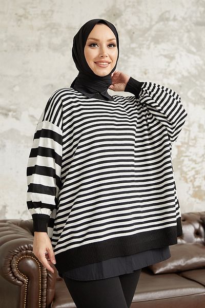 InStyle Meya Striped Balloon Sleeve Knitwear Tunic - Black