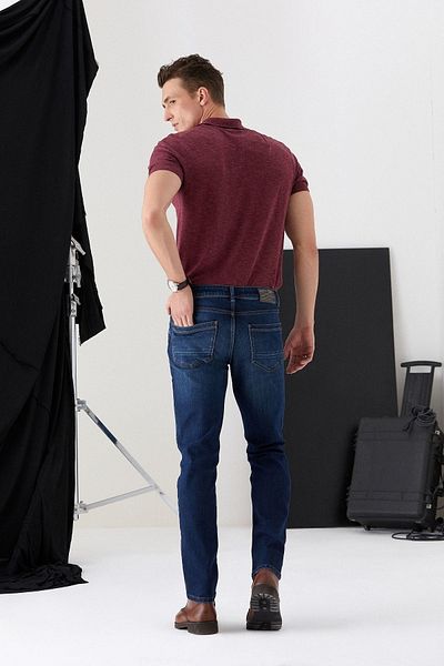 Pantamo Jeans Тъмно тонирани, изтъркани сини, мъжки тесни прави дънки