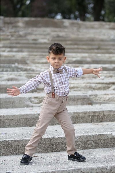 Terry Beige Kids Set - Plaid Print Gabardine Pants and Sweatshirt with Straps