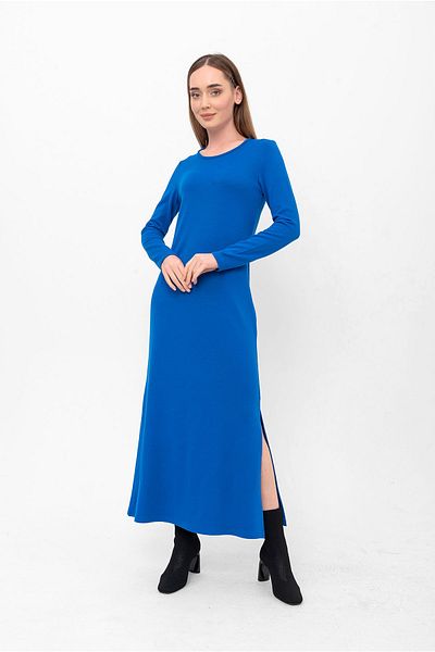 Laranor Blue Crew Neck Slit Long Knitwear Dress