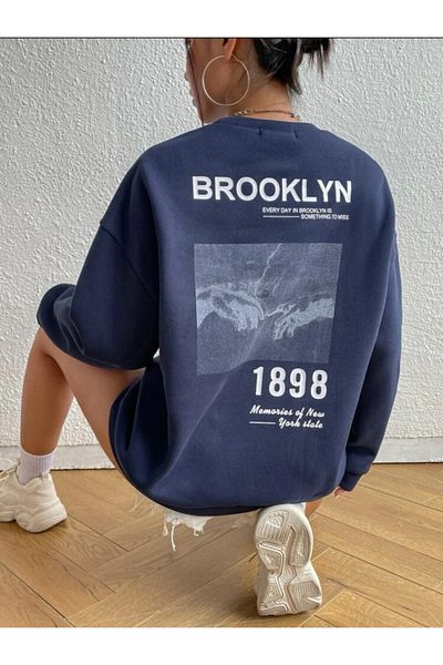 MOONBULL Unisex Bronklyn 1898 Printed Navy Blue Crew Neck Oversize Sweatshirt
