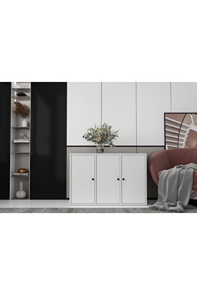 Nettrends Üç Kapaklı Raflı Beyaz Konsol Çıtasız Kns-1159-ç