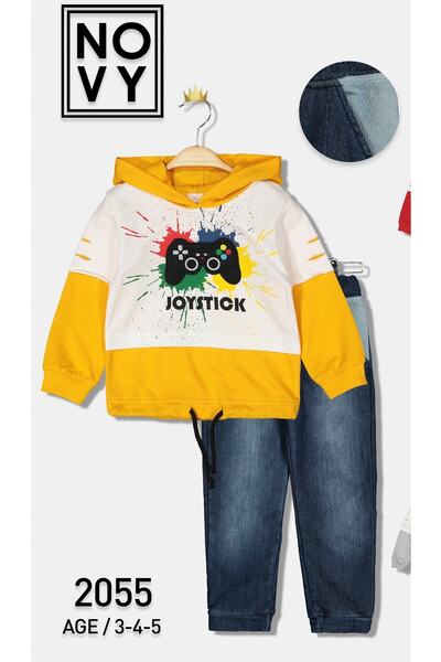 Novy Baby طقم للأولاد مكون من قطعتين مع بنطال جينز مطرز بغطاء للرأس - للأعمار...