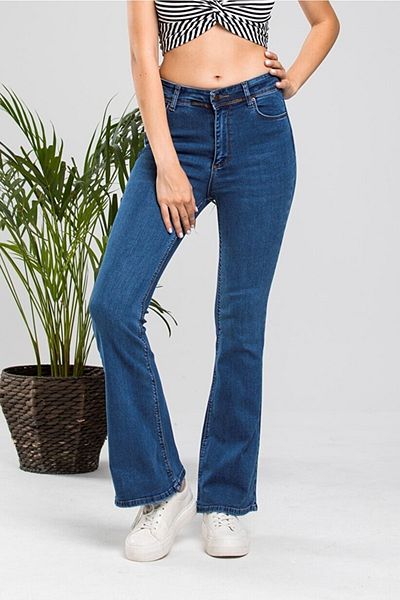 LİMABEL Cazul Spaniol Lycra Colorfast Albastru Inchis Spaniol Flare Leg Jean Pantaloni Denim Talie Inalta