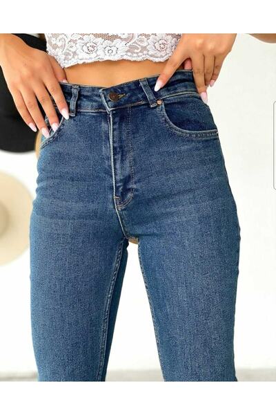 LİMABEL Lara Flare Lycra Colorfast Dark Blue Wide Leg Jean High Waist Denim Trousers (Relaxed Cut)