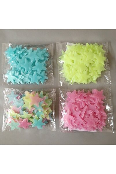 LEDONLİNE 50 Adet Pembe Renk Fosforlu Yıldız Gülen Ay Duvar Tavan Süsleri Çocuk Odası