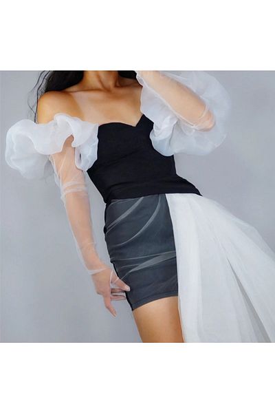 es moda shop قفازات جيما الأورجانزا المكشكشة للحفلات باللون الأبيض الطويل