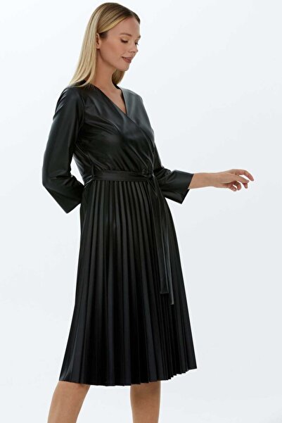 Selen Giyim Kruvaze Eteği Pliseli Deri Elbise
