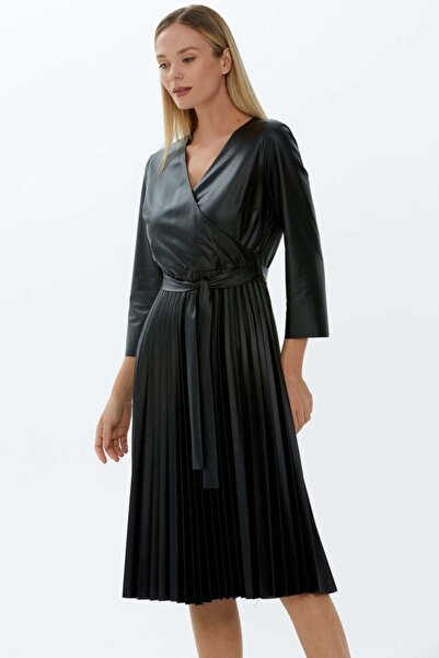 Selen Giyim Kruvaze Eteği Pliseli Deri Elbise