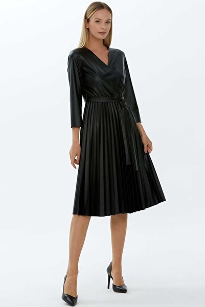 Selen Giyim Kruvaze Eteği Pliseli Deri Elbise