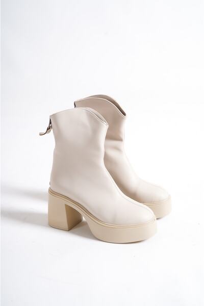 MORIA Shoes Beyonce Bej Deri Bot Platformlu Kalın Taban Topuk 9 Cm