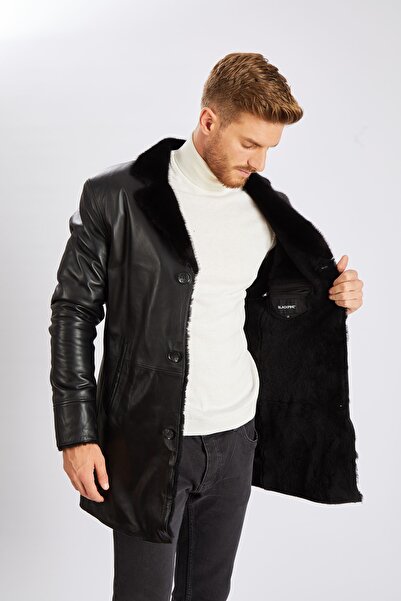 KARA DERİ Erkek Kürklü Hakiki Kuzu Derisi Trençkot