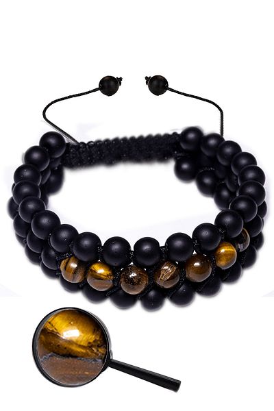 Tesbih Atölyesi Certified Triple Macrame Tiger Eye - Onyx Stone Bracelet - 6mm