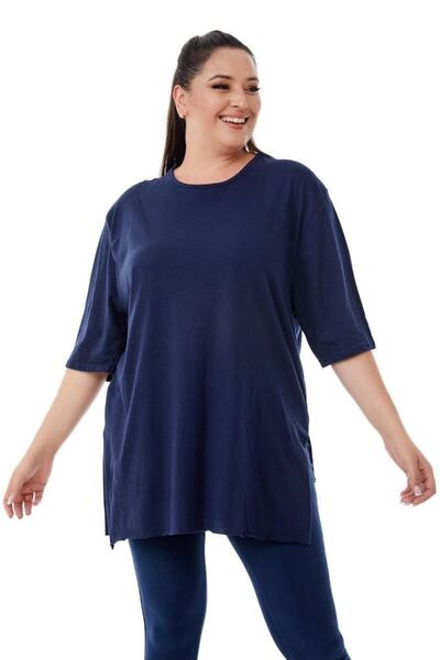 Siyezen Plus Size Slit Basic T-Shirt Navy Blue