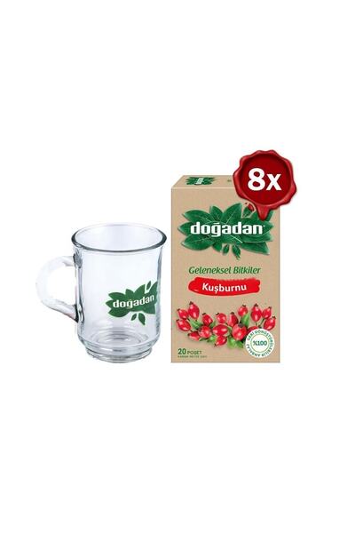 Doğadan شاي ثمر الورد 20 قطعة × 8 وكوب زجاجي هدية