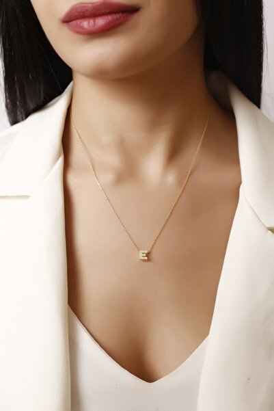 Lia Berto Altın Kaplama Taşlı E Harfi 925 Ayar Gümüş Kolye
