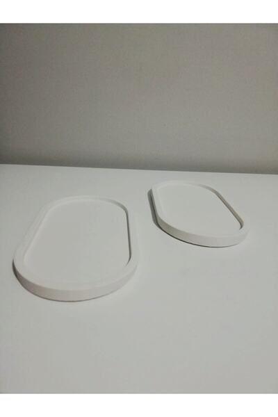 Havalı Tasarım Dekoratif 2'li Oval Beton Biblo Tabak Beton Takı Tabağı Mum Ta...