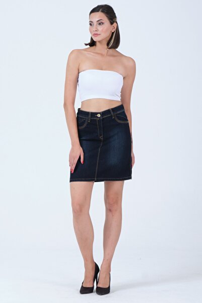 Barkaist Mavi Siyah Cep Detaylı Mini Kot Etek