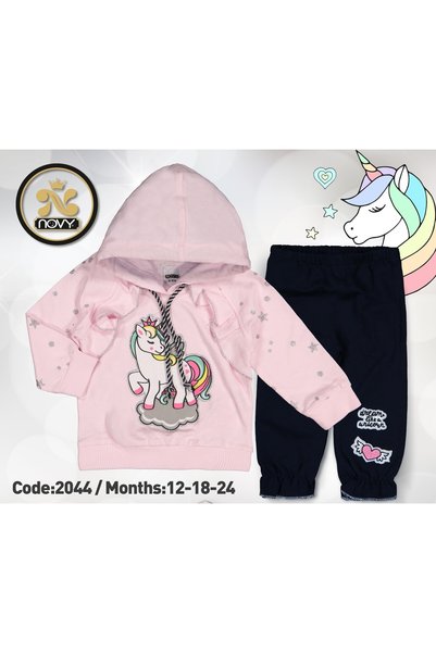 Novy Baby Kapşonlu Unicorn Aplike Nakışlı Sim Baskılı Kız Bebek 2'li Takım 0-...