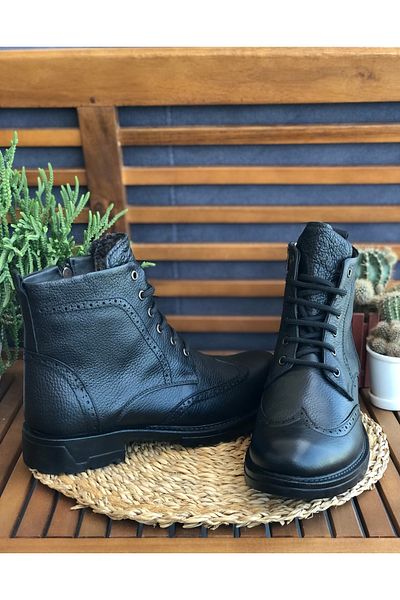 Skoonpa Genuine Leather Black Brown Men's Boots with Fur Inside