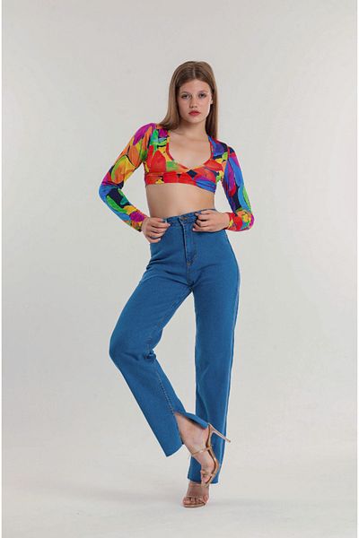SHEVEGA Blugi albastru cu talie înaltă Lycra cu picior lat cu picior lat Blugi de damă cu fantă interioară