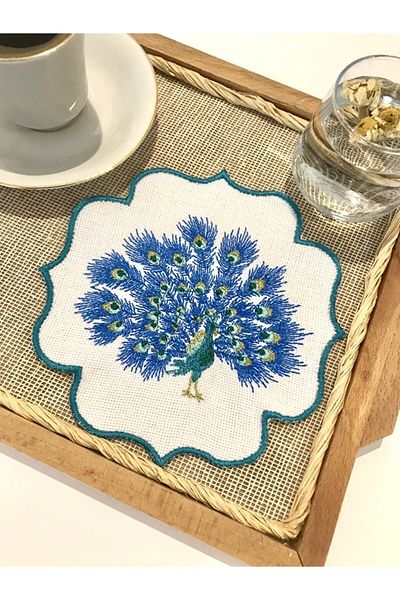 Soft Colours 2 Pieces Embroidered Coffee Colored Cocktail Serving Napkin - Decorative Peacock