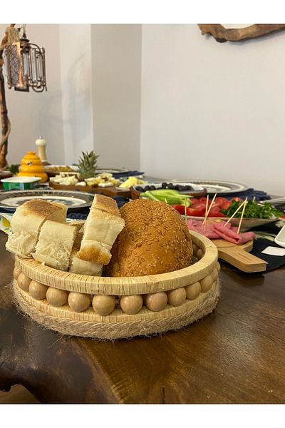 Süs Dükkanı Wooden Decorative Wicker Bread Basket Model Diameter 22 Cm