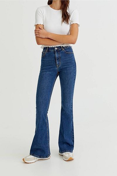 LİMABEL Cazul Spaniol Lycra Colorfast Albastru Inchis Spaniol Flare Leg Jean Pantaloni Denim Talie Inalta