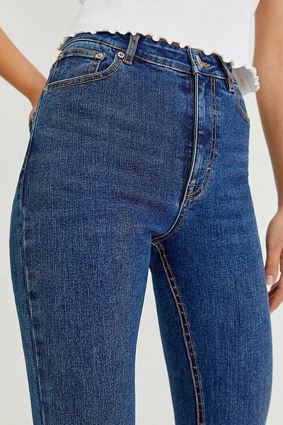 LİMABEL Cazul Spaniol Lycra Colorfast Albastru Inchis Spaniol Flare Leg Jean Pantaloni Denim Talie Inalta
