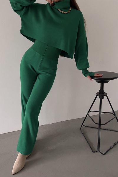 lovebox Tricoturi cusute manual Crop Top și pantaloni verzi cu talie înaltă Set dublu 015