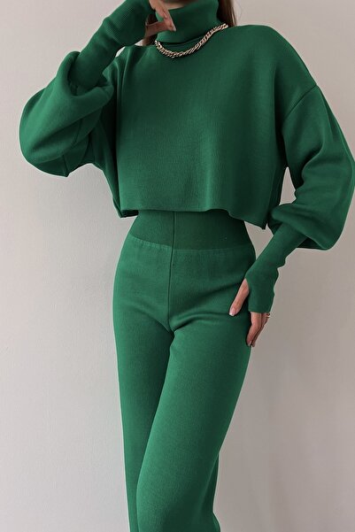 lovebox Kézzel varrott kötöttáru felső és magas derekú zöld kötöttáru nadrág dupla szett 015