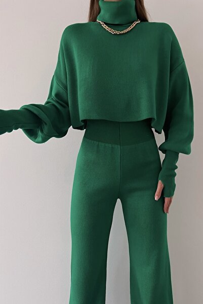 barış sülün lovebox Finger-Cut zöld kötöttáru Crop és magas derekú kötöttáru nadrág szett 015